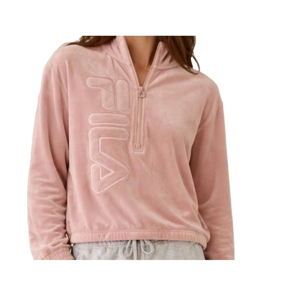 FILA Women's Velour 1/4 Zip Hoodie Misty Rose Pink Plush Sweatshirt Size Medium